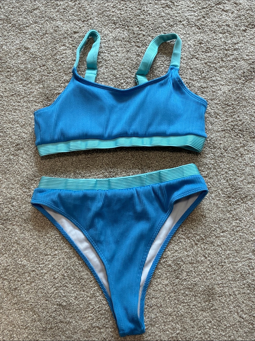 Blue Two-Piece Ribbed Swim Set with Aqua Trim